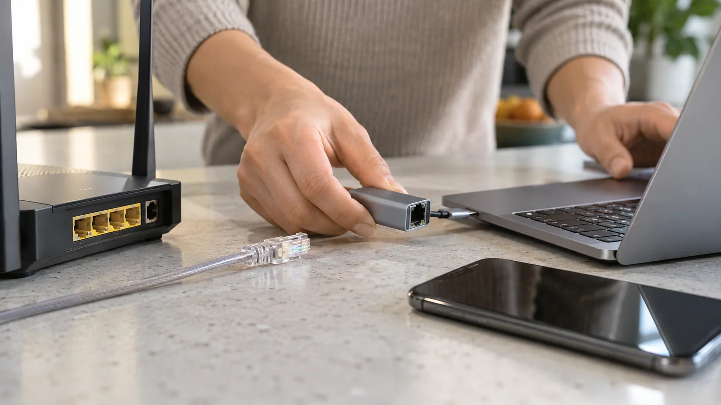 手部在笔记本与手机旁连接USB-C网络转接器和网线