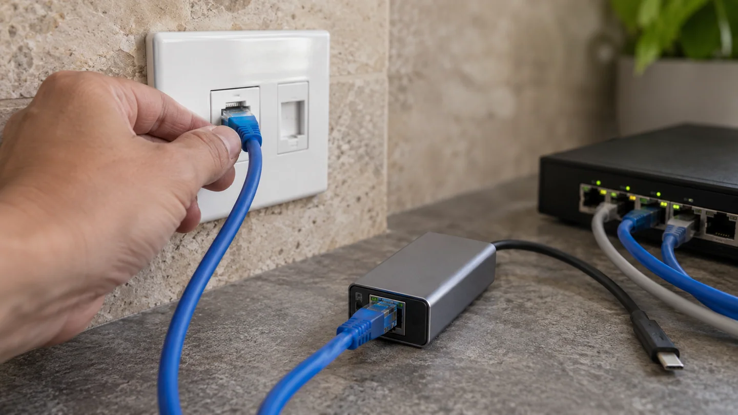 接入墙面RJ45网口的网线、USB-C网络转接器和交换设备局部